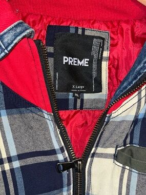 PREME Men's Red & Navy Plaid Distressed Jean Jacket